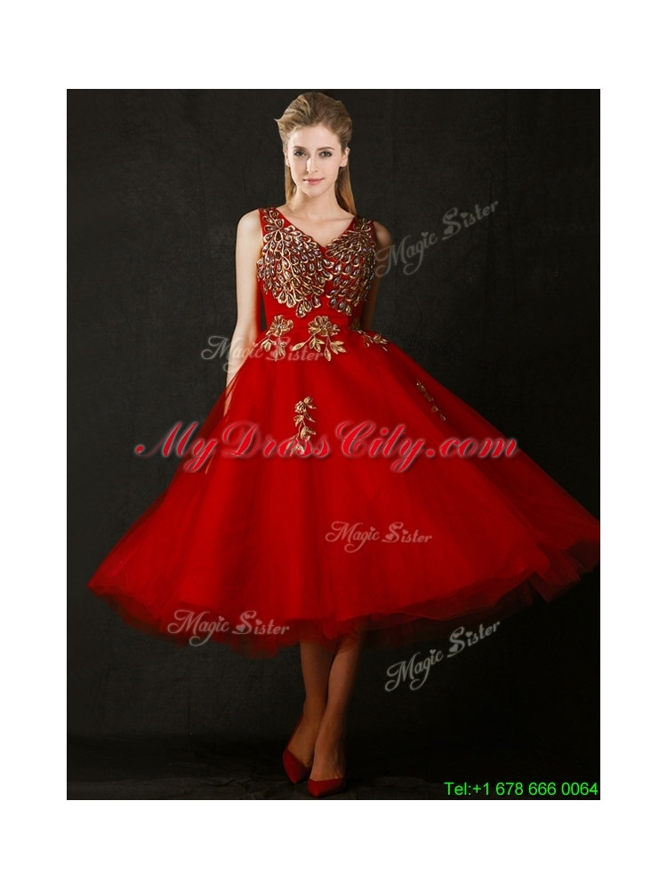 2016 Beautiful V Neck Tea Length Prom Dress with Beading and Appliques
