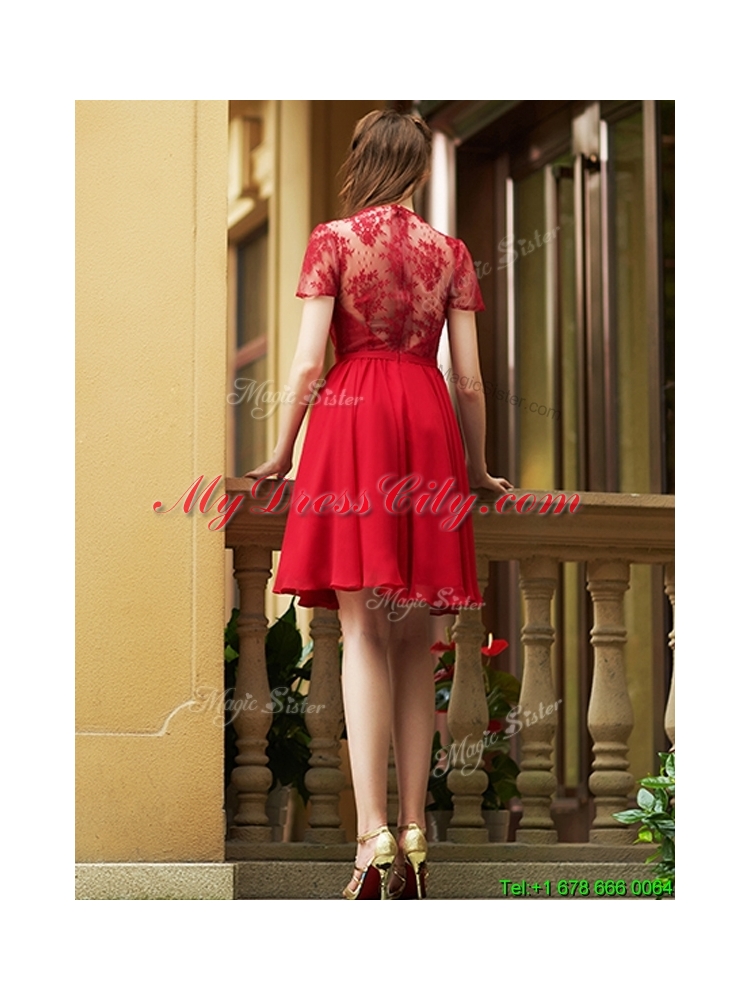 2016 Elegant See Through Back Red Short Prom Dress with Short Sleeves