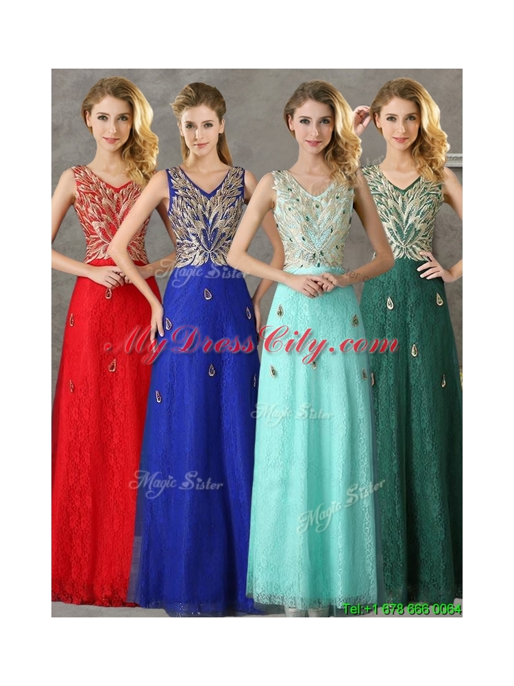 2016 Fashionable V Neck Long Prom Dress with Appliques and Beading