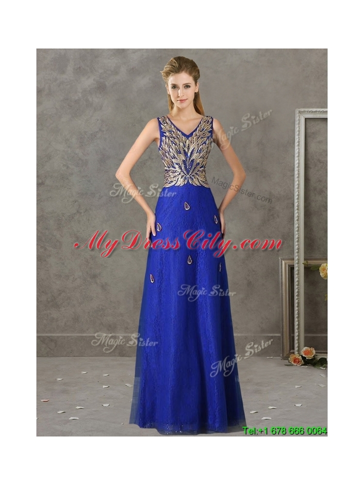 2016 Fashionable V Neck Long Prom Dress with Appliques and Beading