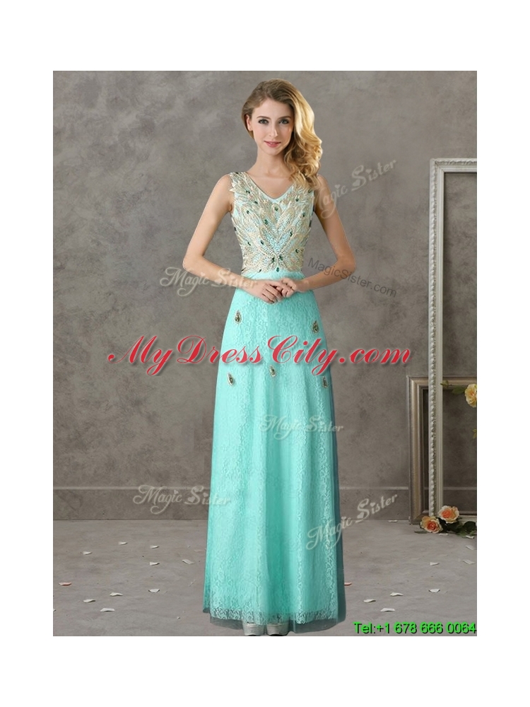 2016 Fashionable V Neck Long Prom Dress with Appliques and Beading
