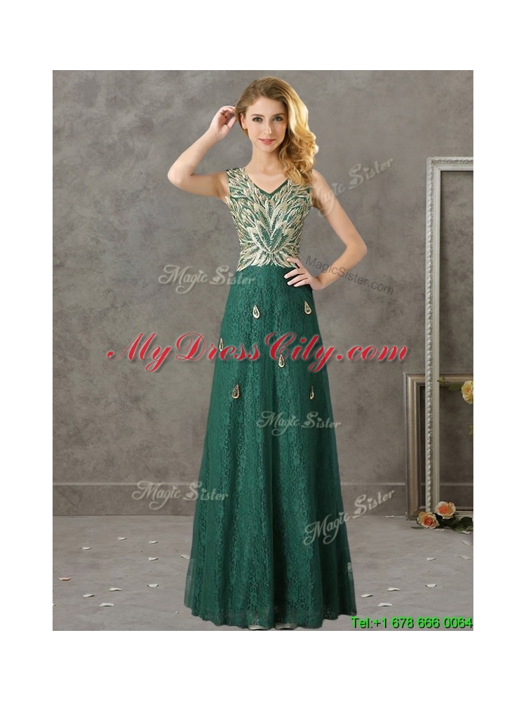2016 Fashionable V Neck Long Prom Dress with Appliques and Beading