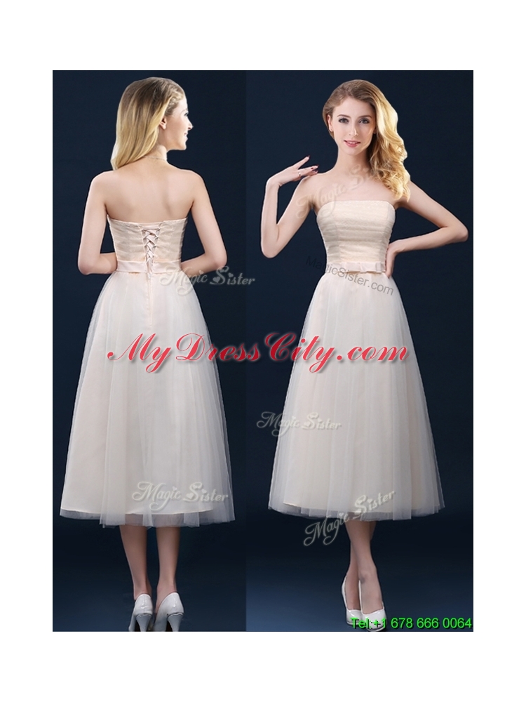 2016 Low Price Strapless Belt Champagne Long Prom Dress in Tulle