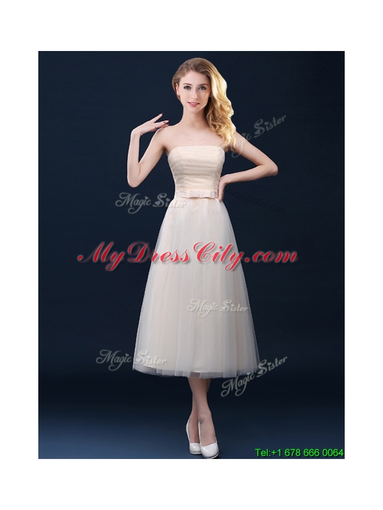 2016 Low Price Strapless Belt Champagne Long Prom Dress in Tulle