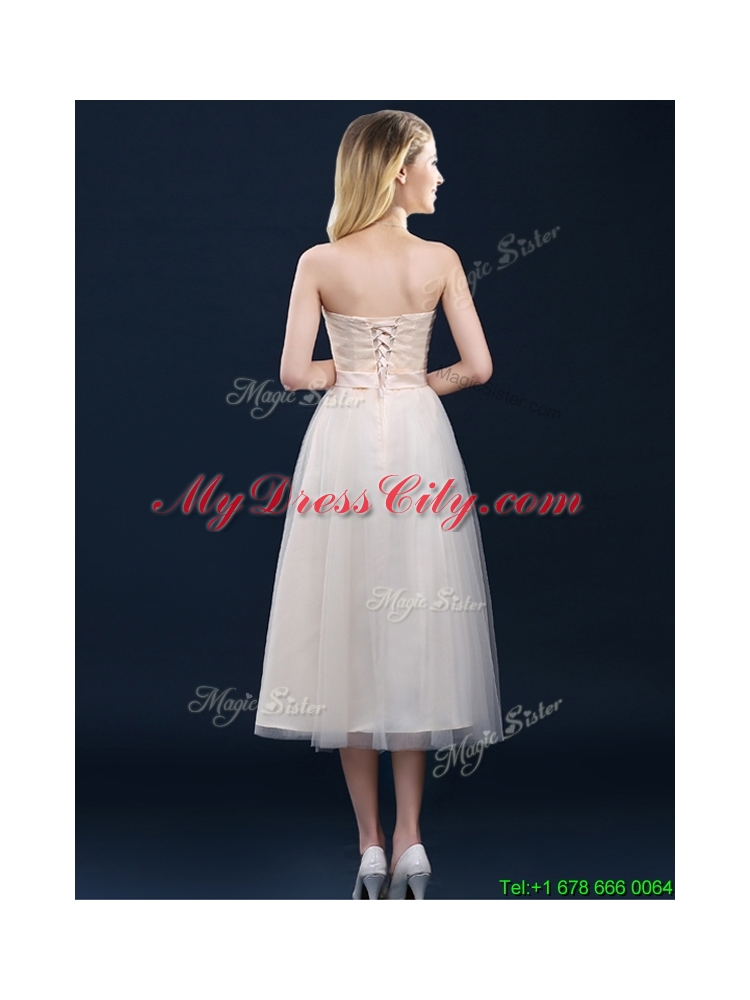 2016 Low Price Strapless Belt Champagne Long Prom Dress in Tulle