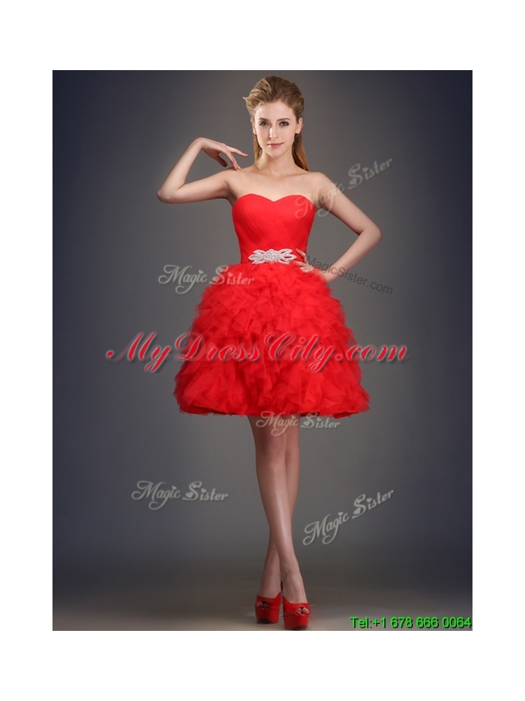2016 Perfect Really Puffy Red Prom Dress with Beading and Ruffles
