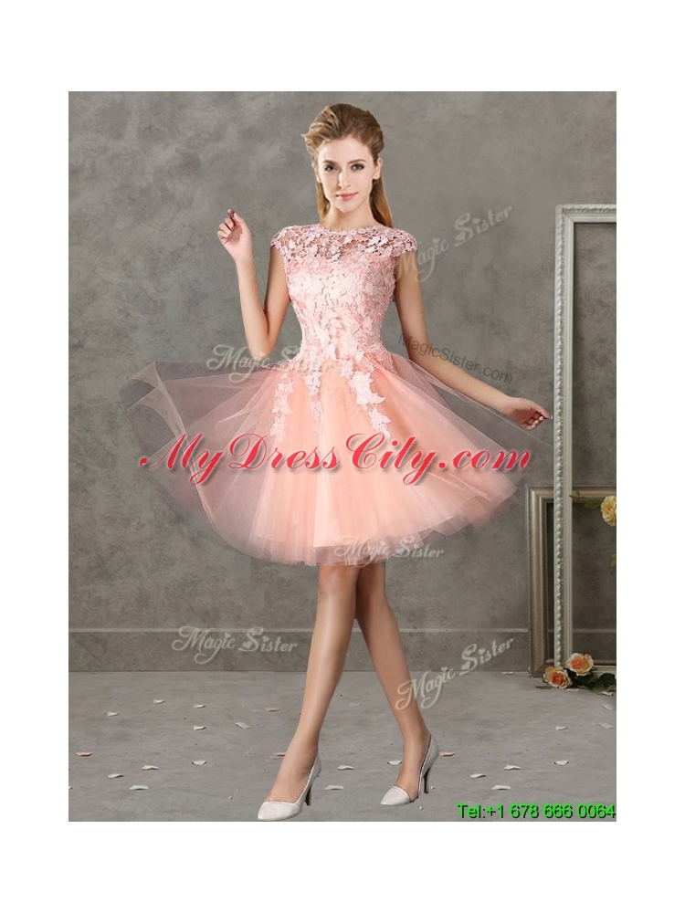 Beautiful Bateau Cap Sleeves Short Bridesmaid Dress with Lace