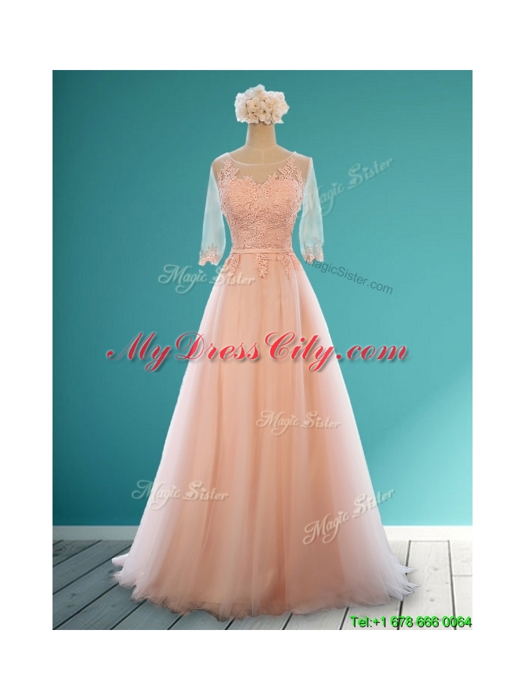 Beautiful Scoop Half Sleeves Bridesmaid Dress with Appliques and Belt