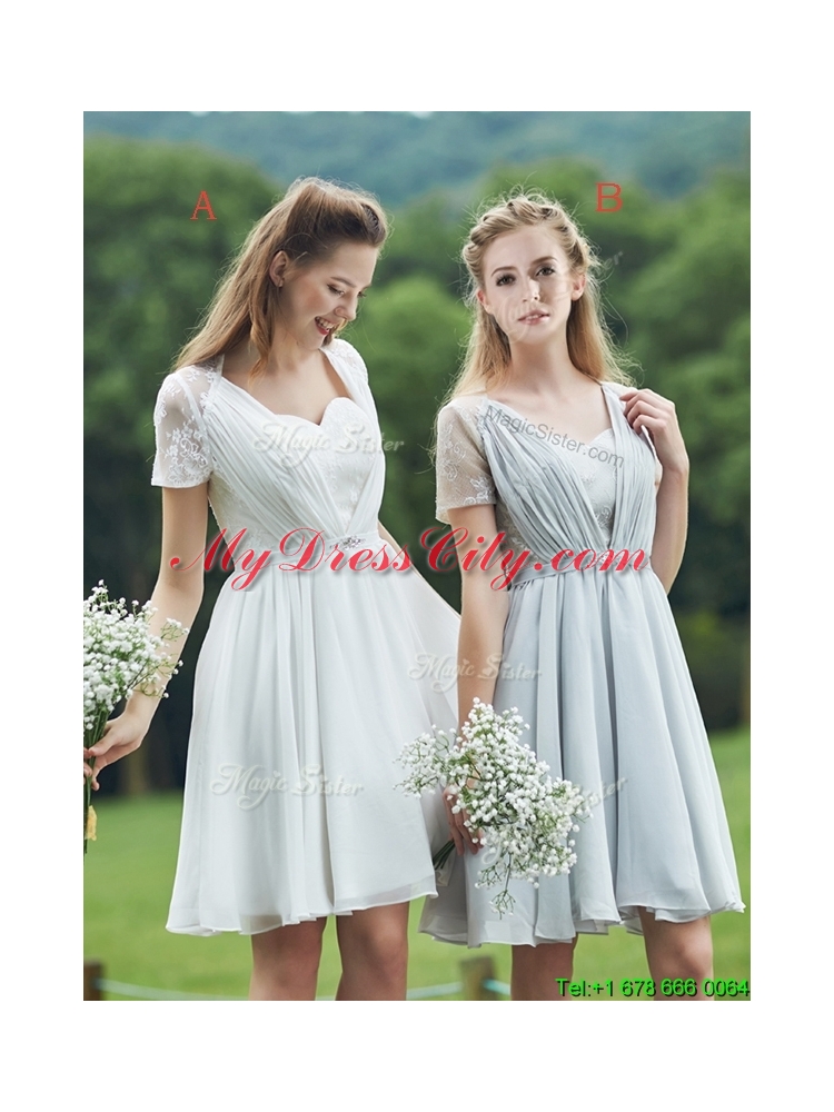Beautiful Short Sleeves White Bridesmaid Dress with Belt and Lace