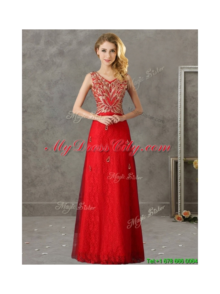 Cheap V Neck Red Bridesmaid Dress with Appliques and Beading