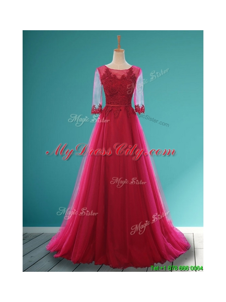 Cheap Scoop Appliques and Belt Dama Dress in Wine Red