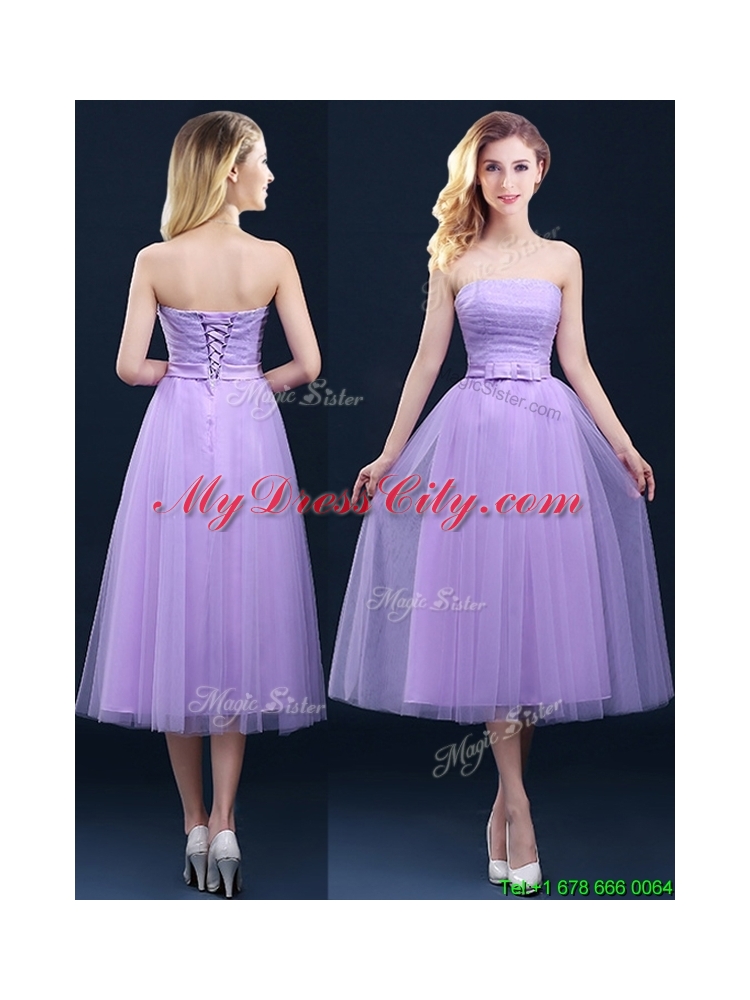 Cheap Tea Length Tulle Lavender Dama Dress with Belt