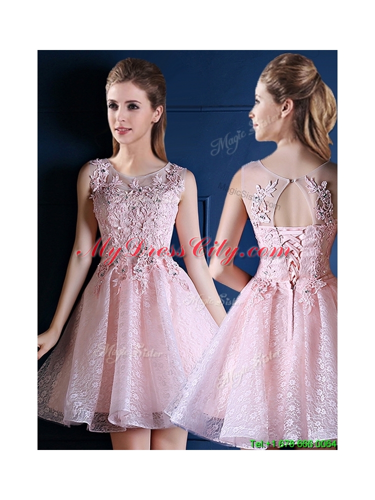 Exquisite Baby Pink Scoop Prom Dress with Appliques and Beading