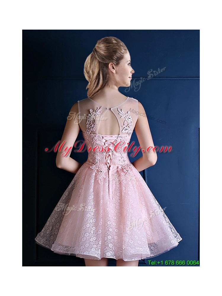 Exquisite Baby Pink Scoop Prom Dress with Appliques and Beading