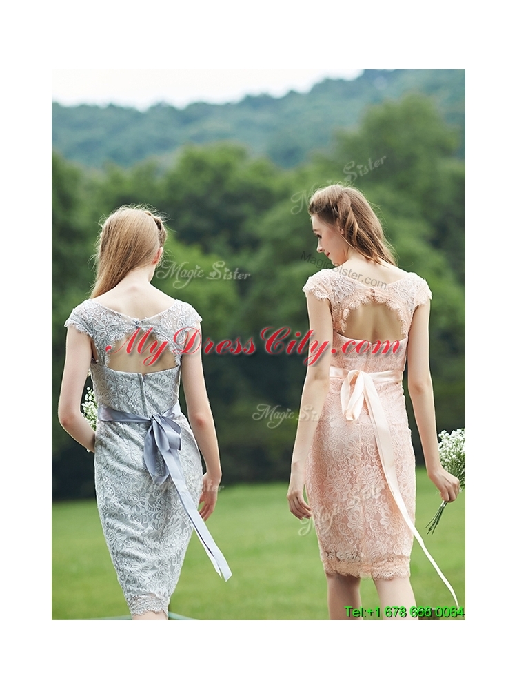 Luxurious See Through Scoop Cap Sleeves Prom Dress with Sashes