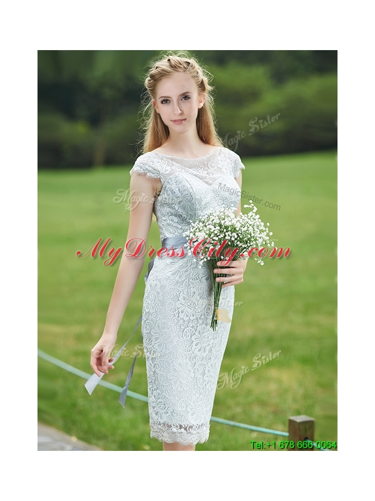 Luxurious See Through Scoop Cap Sleeves Prom Dress with Sashes