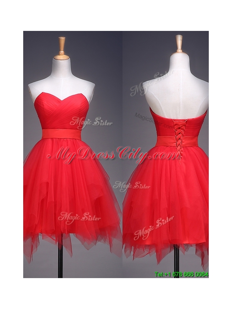 Wonderful Ruffled and Belted Short Dama Dress in Red
