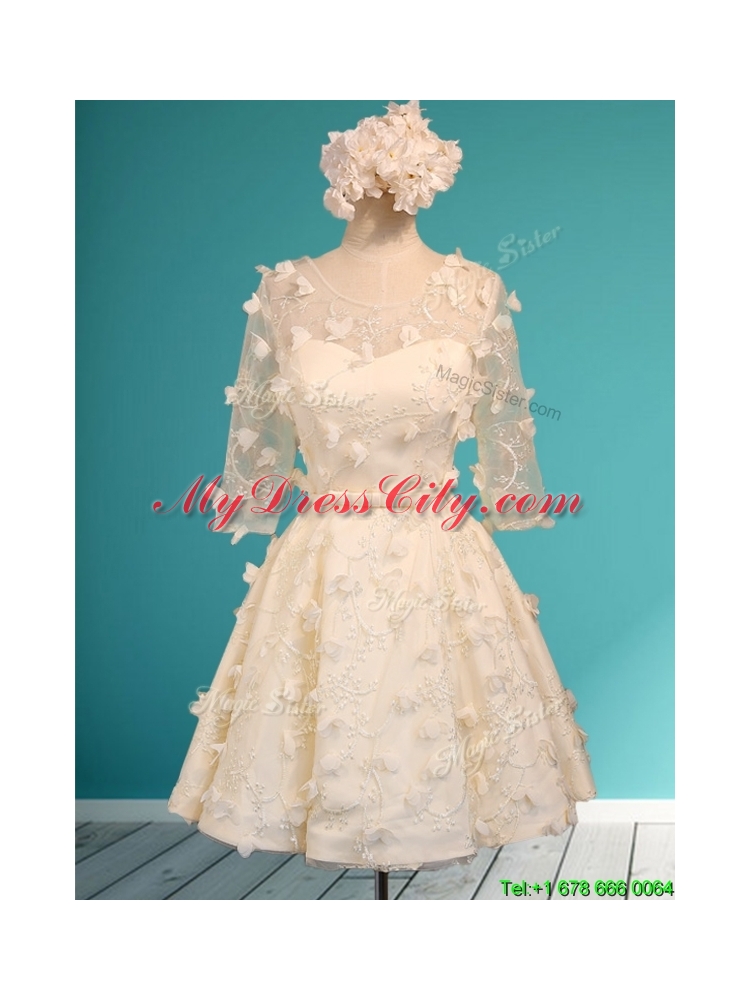 Exclusive See Through Scoop Half Sleeves Prom Dress with Appliques and Belt
