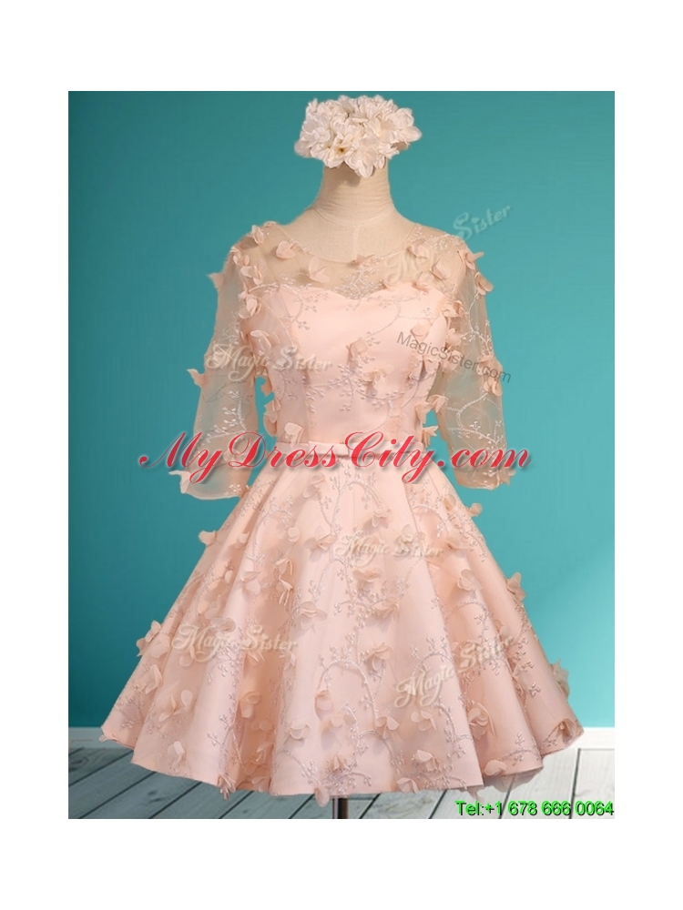 Exclusive See Through Scoop Half Sleeves Prom Dress with Appliques and Belt