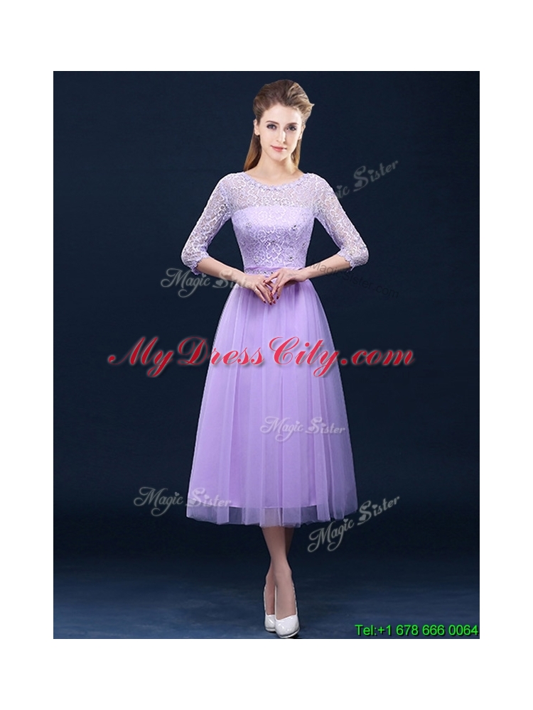 Latest Half Sleeves Tea Length Laced Mother Dress in Lavender
