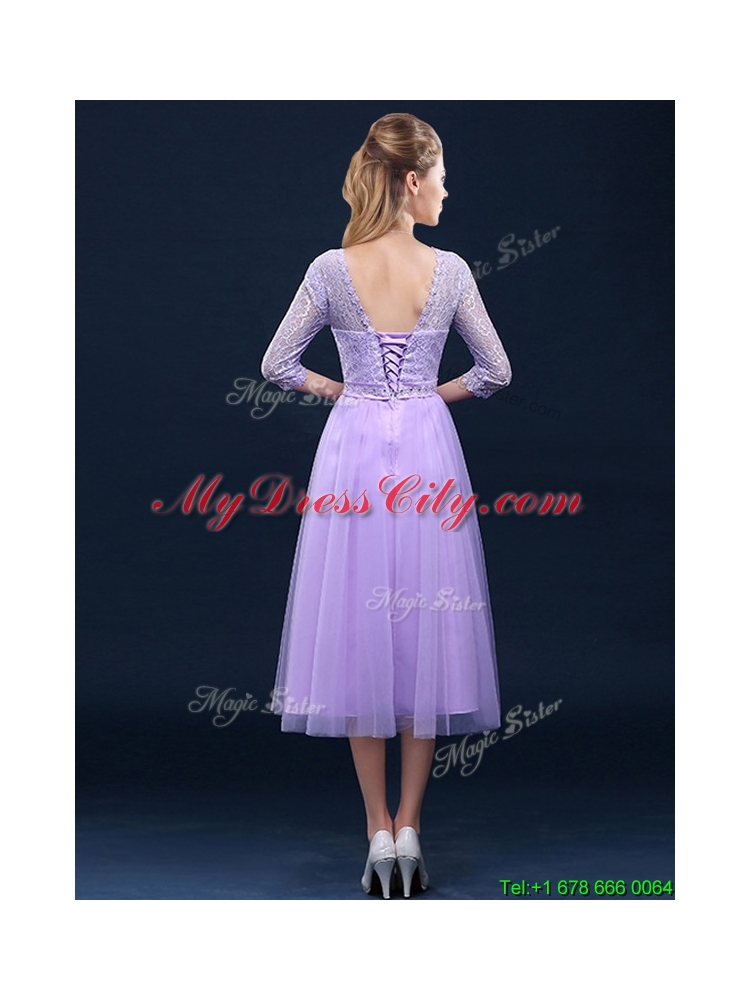 Latest Half Sleeves Tea Length Laced Mother Dress in Lavender