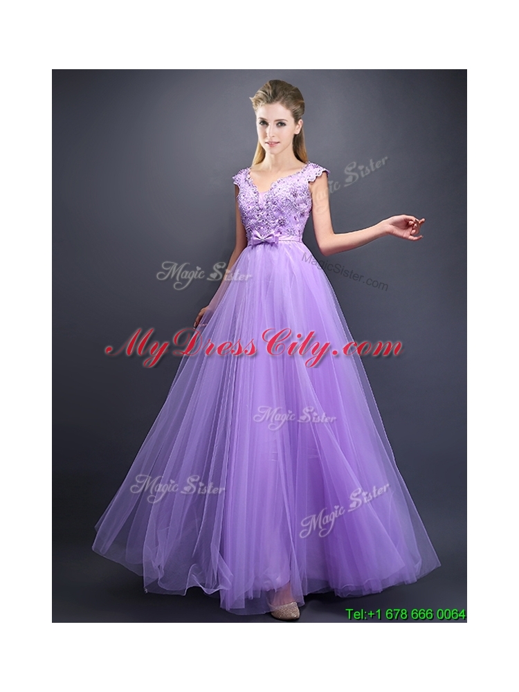 Lovely Beaded and Bowknot V Neck Prom Dress in Lavender
