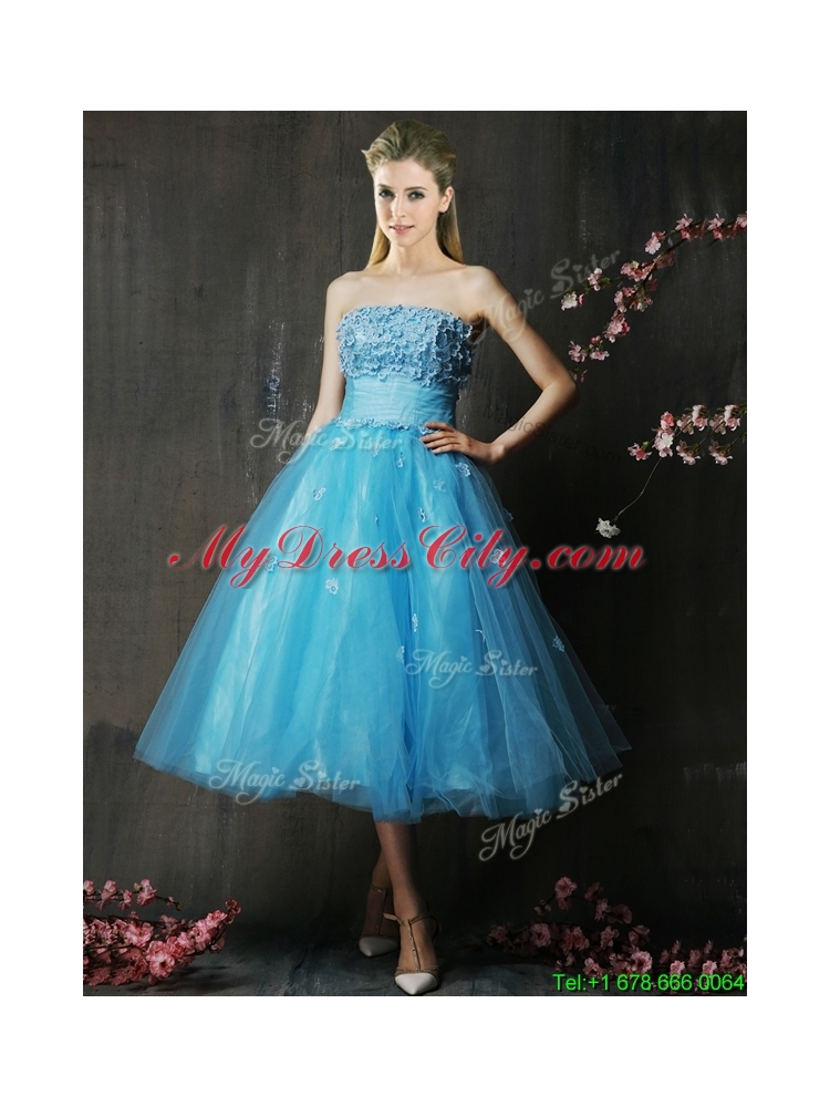 Lovely Strapless Applique Bust Baby Blue Mother Dress in Tea Length