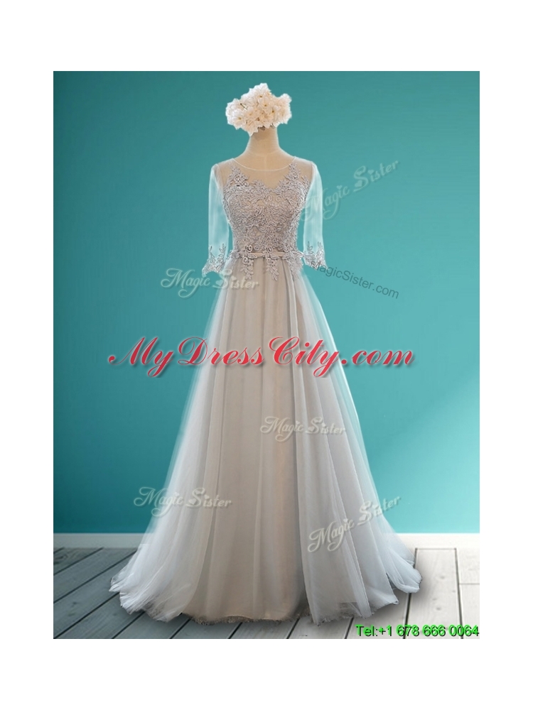 Luxurious Scoop Half Sleeves Grey Mother Dress with Appliques and Belt
