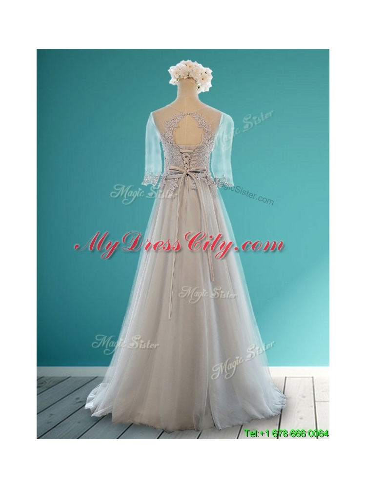 Luxurious Scoop Half Sleeves Grey Mother Dress with Appliques and Belt