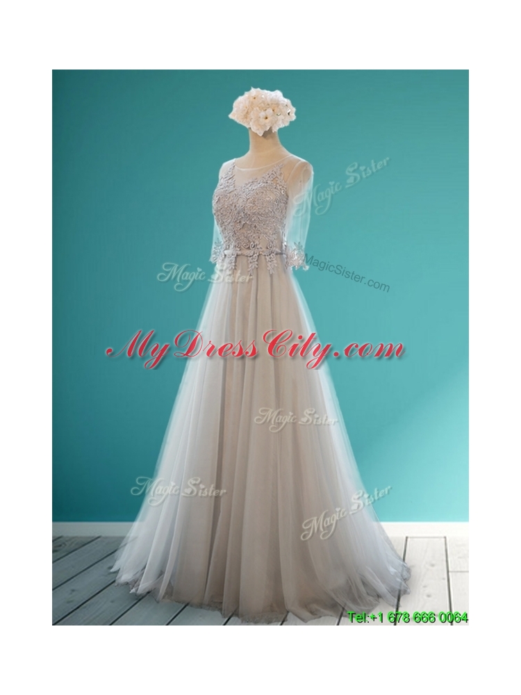 Luxurious Scoop Half Sleeves Grey Mother Dress with Appliques and Belt