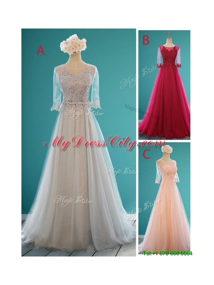 Luxurious Scoop Half Sleeves Grey Mother Dress with Appliques and Belt