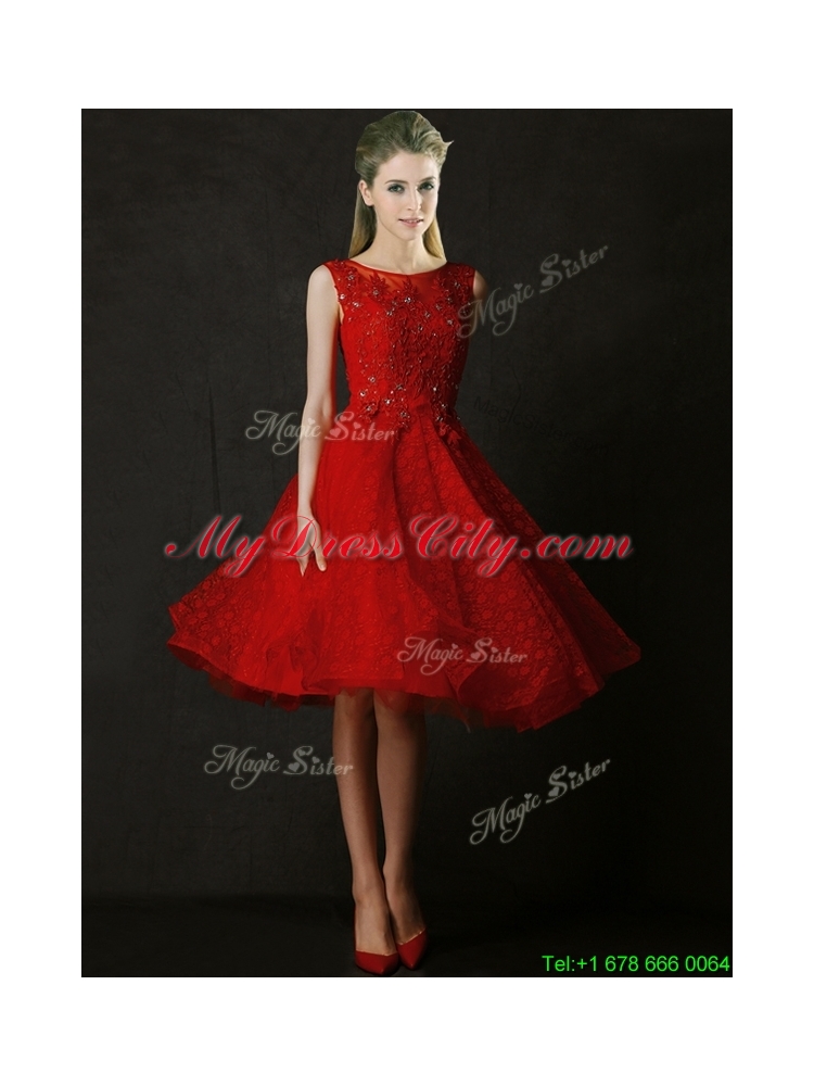 Modest Knee Length Red Prom Dress with Beading and Appliques