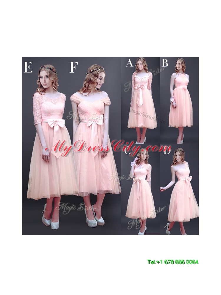 Comfortable Square Half Sleeves Bowknot Mother Dress in Baby Pink