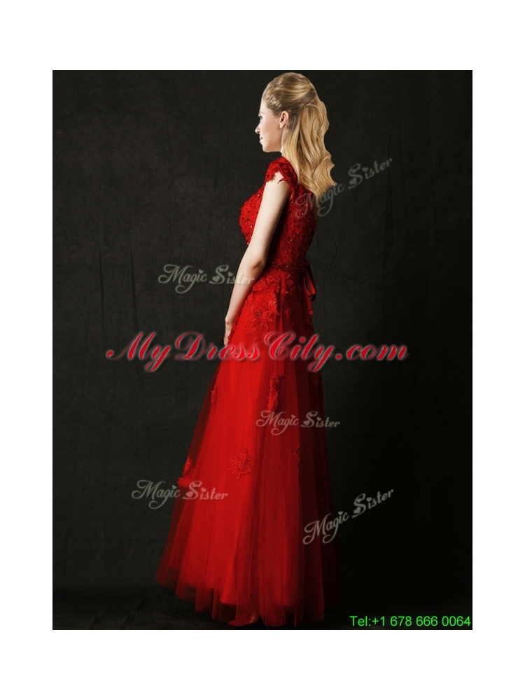 Elegant Empire Applique Red Mother Dress with Cap Sleeves