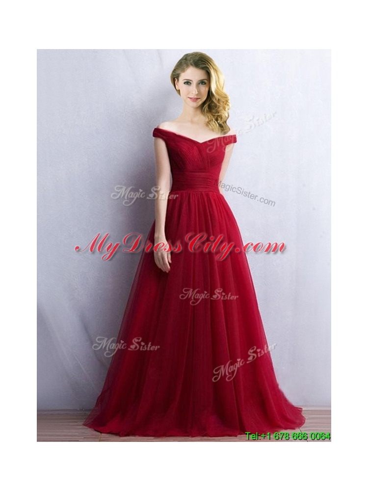 Elegant Off the Shoulder Cap Sleeves Mother Dress in Wine Red