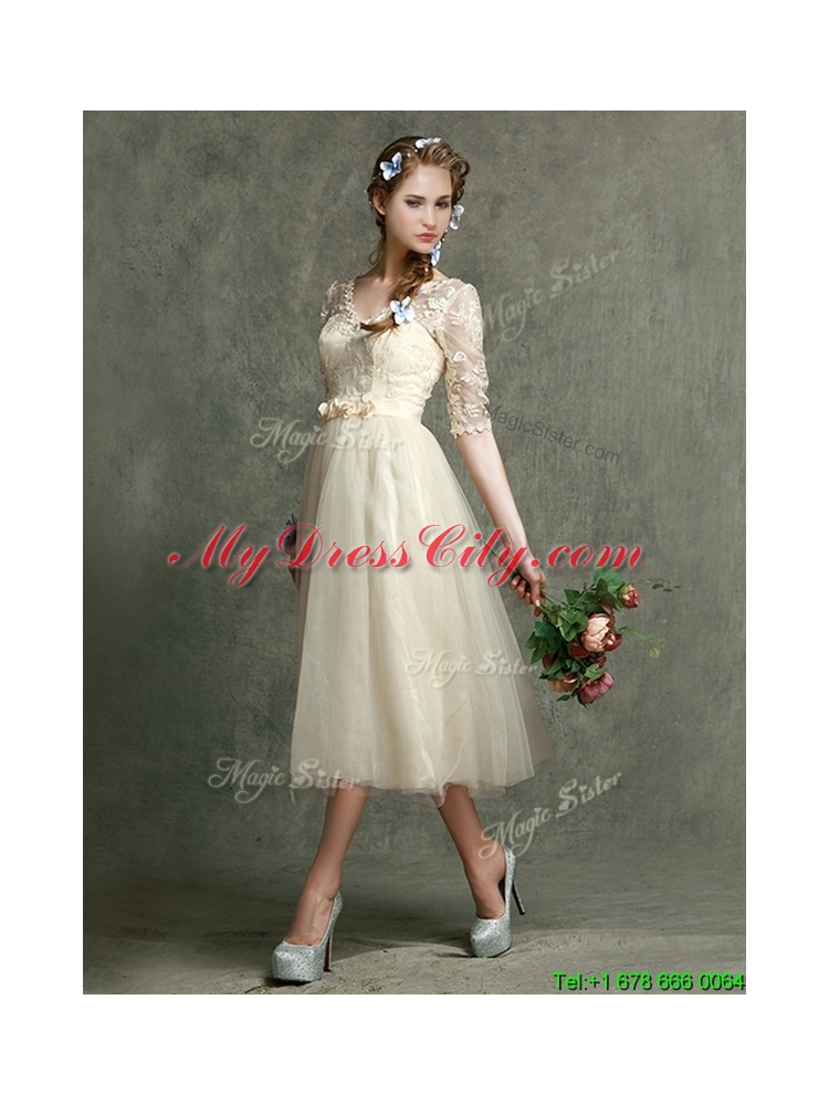 Romantic V Neck Half Sleeves Mother Dress with Lace and Belt