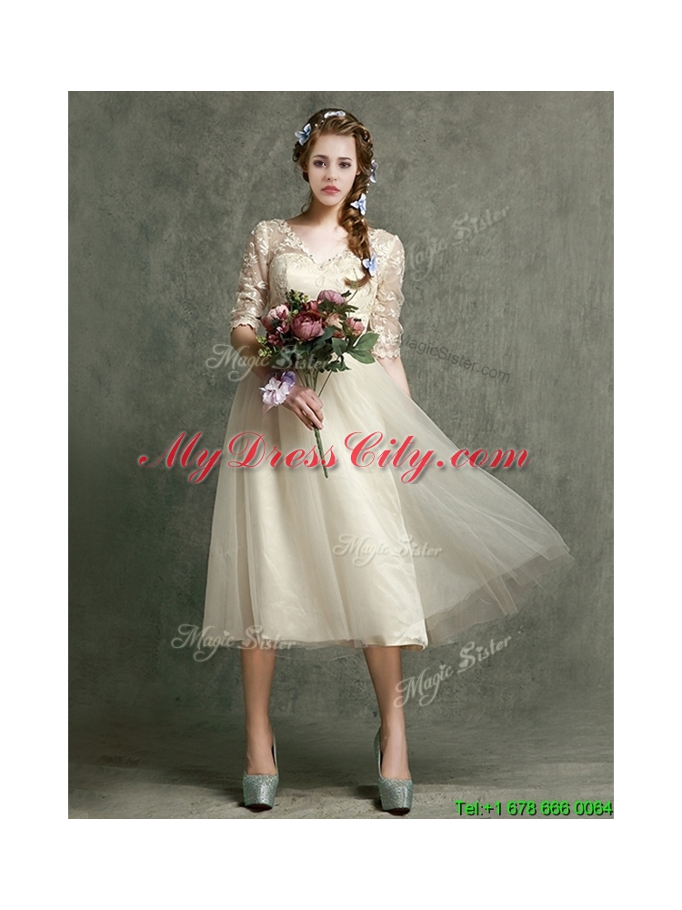 Romantic V Neck Half Sleeves Mother Dress with Lace and Belt
