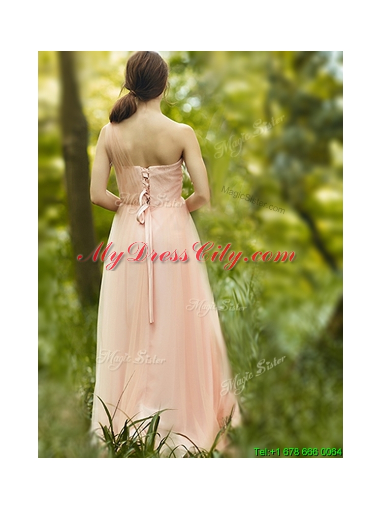See Through One Shoulder Peach Prom Dress in Floor Length