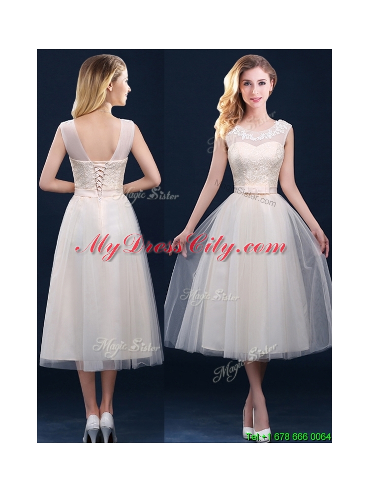 Best Selling See Through Champagne Prom Dress with Appliques and Belt