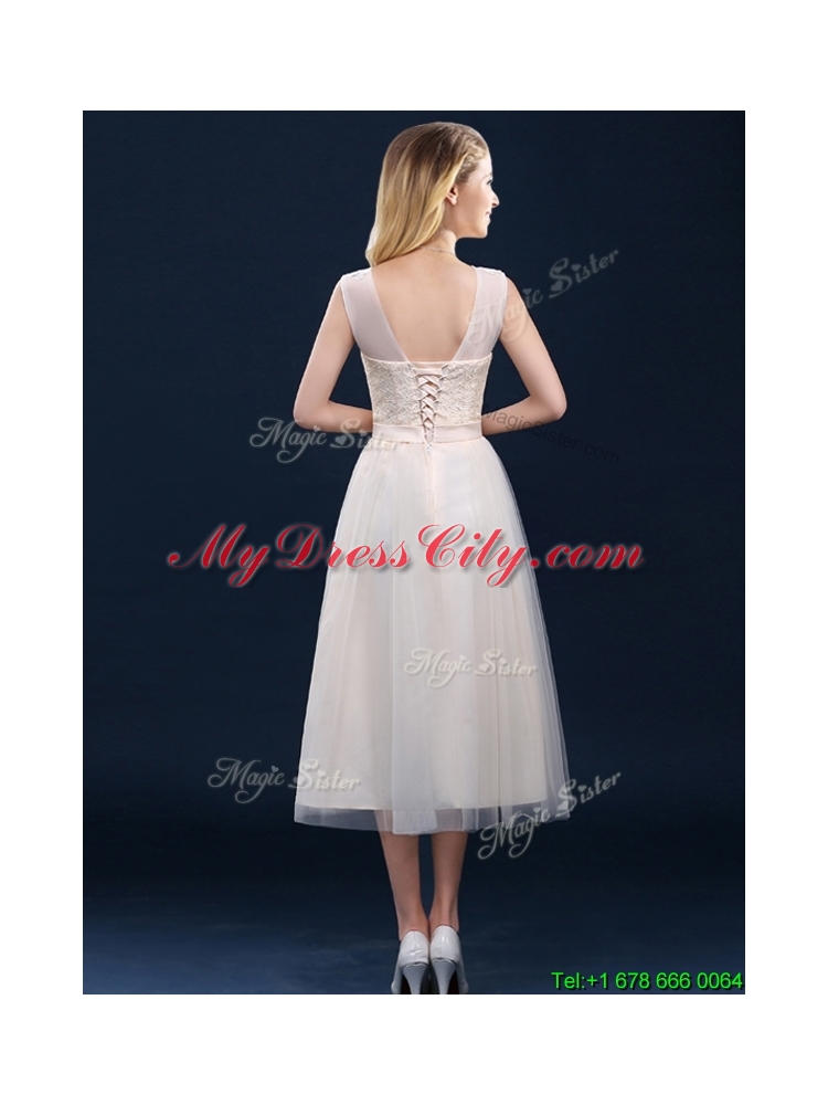 Best Selling See Through Champagne Prom Dress with Appliques and Belt