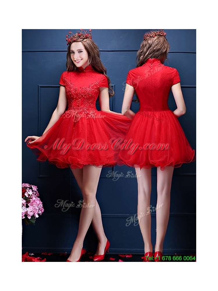 Luxurious High Neck Short Sleeves Prom Dress with Appliques and Beading