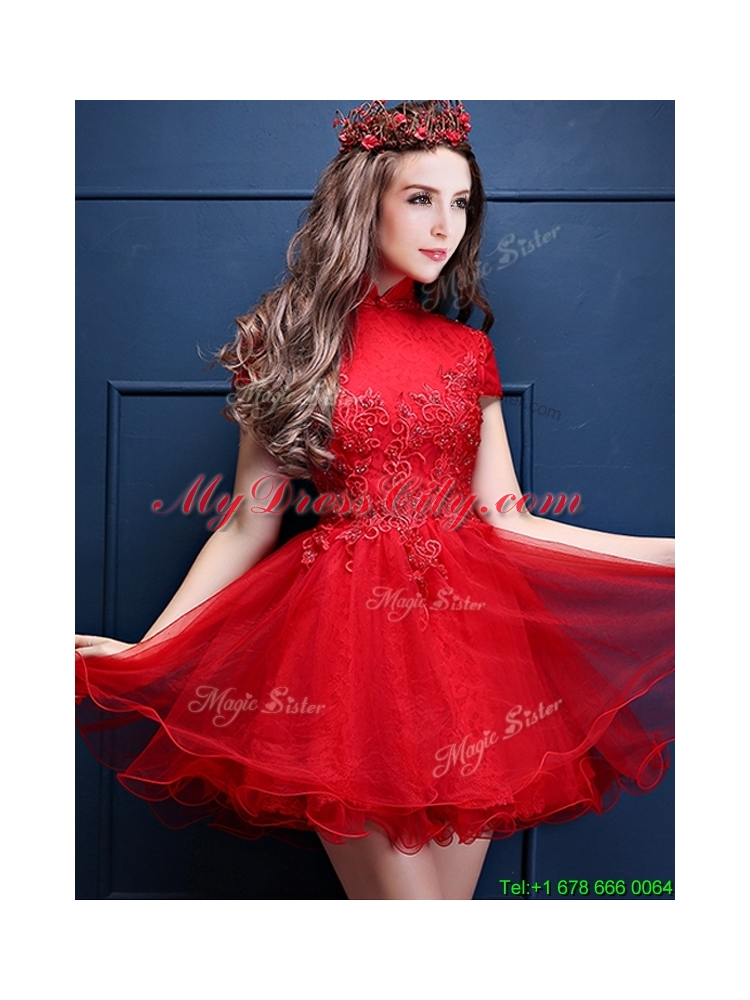 Luxurious High Neck Short Sleeves Prom Dress with Appliques and Beading