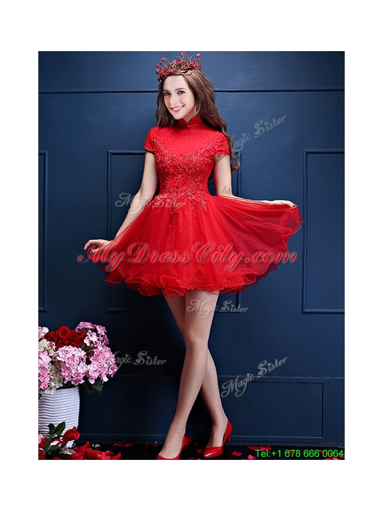 Luxurious High Neck Short Sleeves Prom Dress with Appliques and Beading