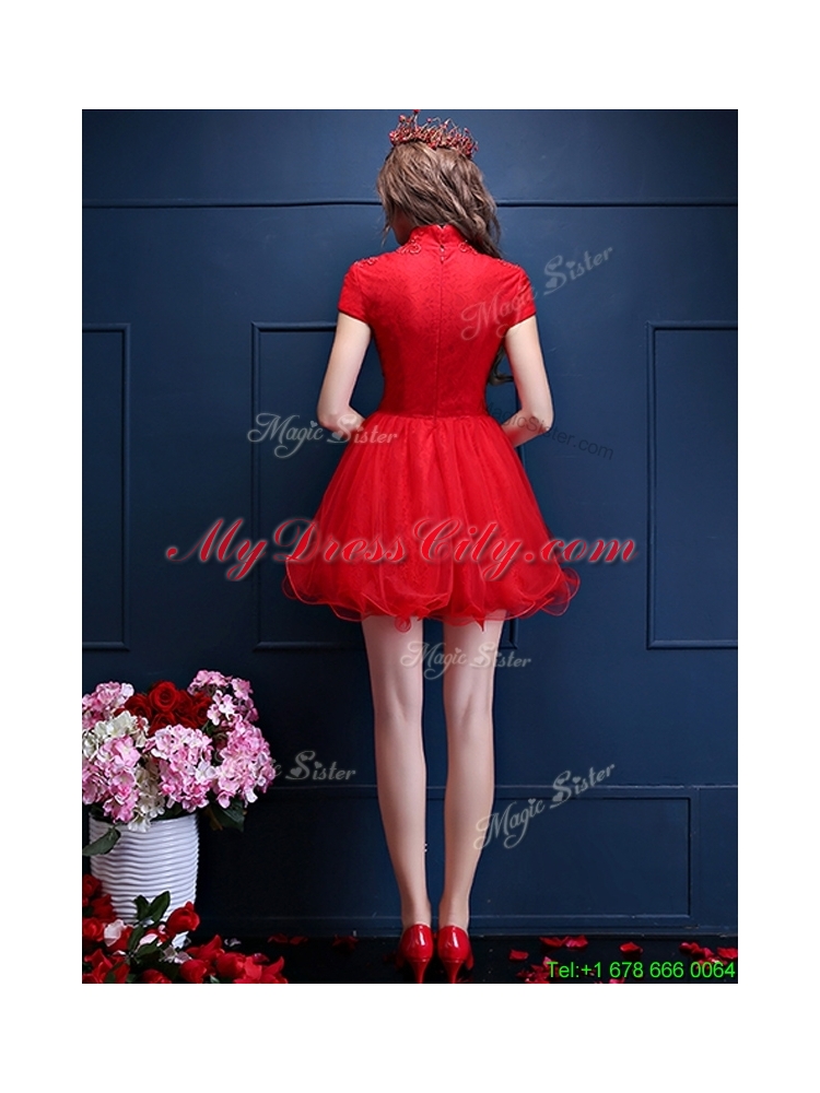 Luxurious High Neck Short Sleeves Prom Dress with Appliques and Beading