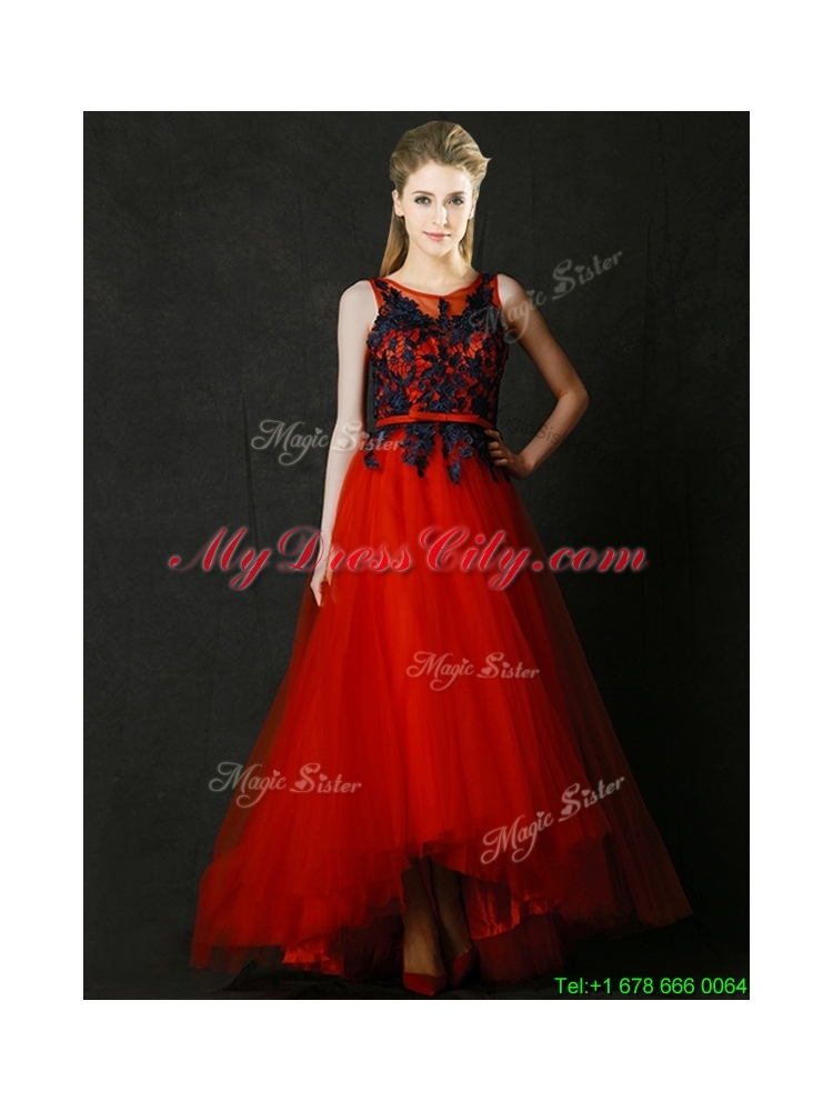 Perfect High Low Belted and Black Applique Prom Dress in Red