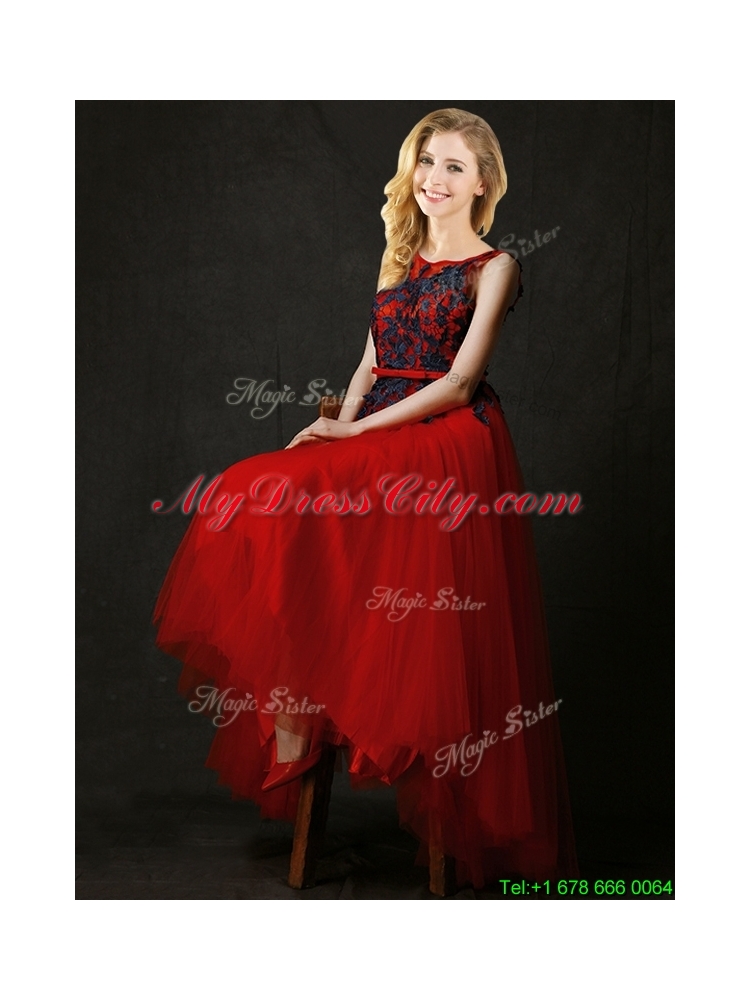 Perfect High Low Belted and Black Applique Prom Dress in Red