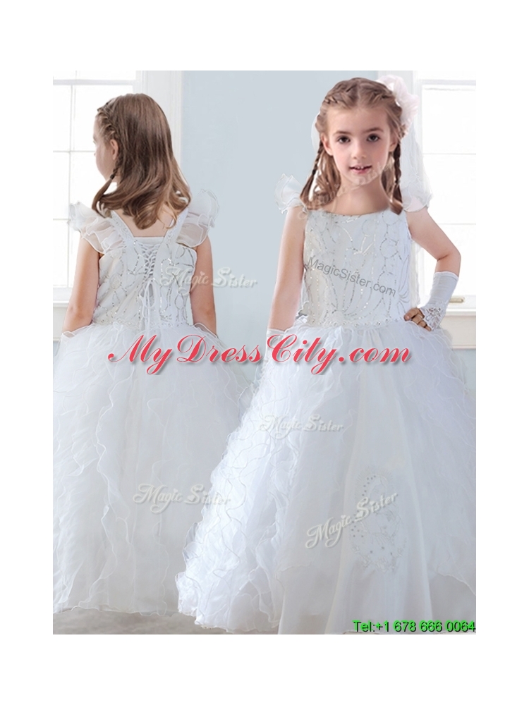 Discount Organza Straps Little Girls Pageant Dress with Sequins and Ruffles