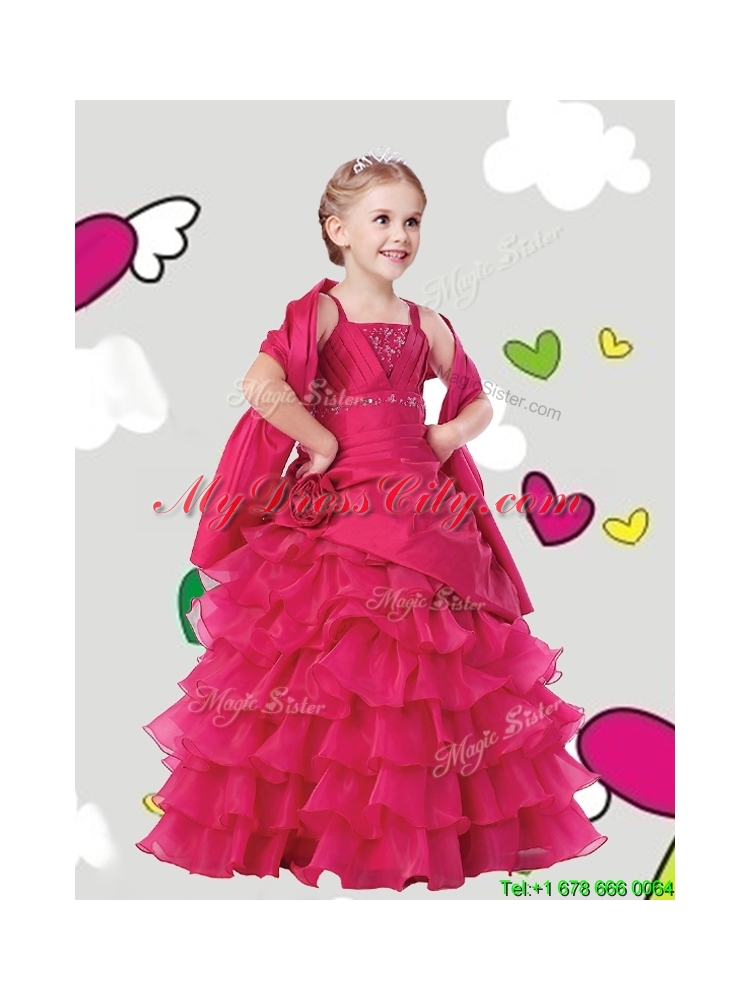 Gorgeous Straps Girls Party Dress with Ruffled Layers and Hand Made Flowers