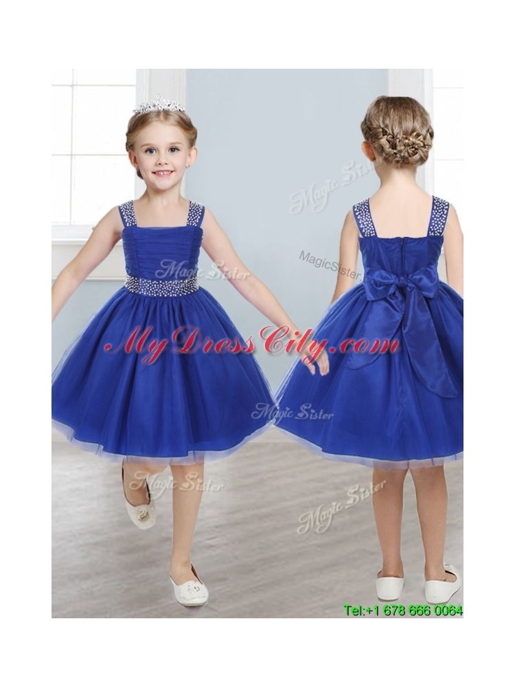 Perfect Straps Royal Blue Girls Party Dress with Beading and Bowknot