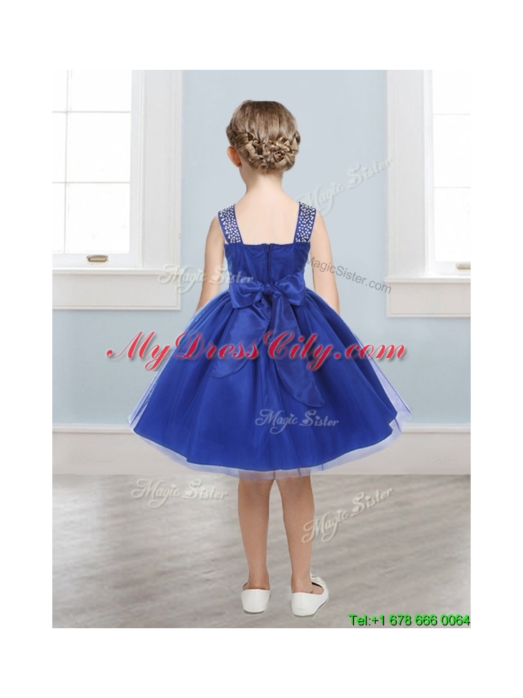 Perfect Straps Royal Blue Girls Party Dress with Beading and Bowknot